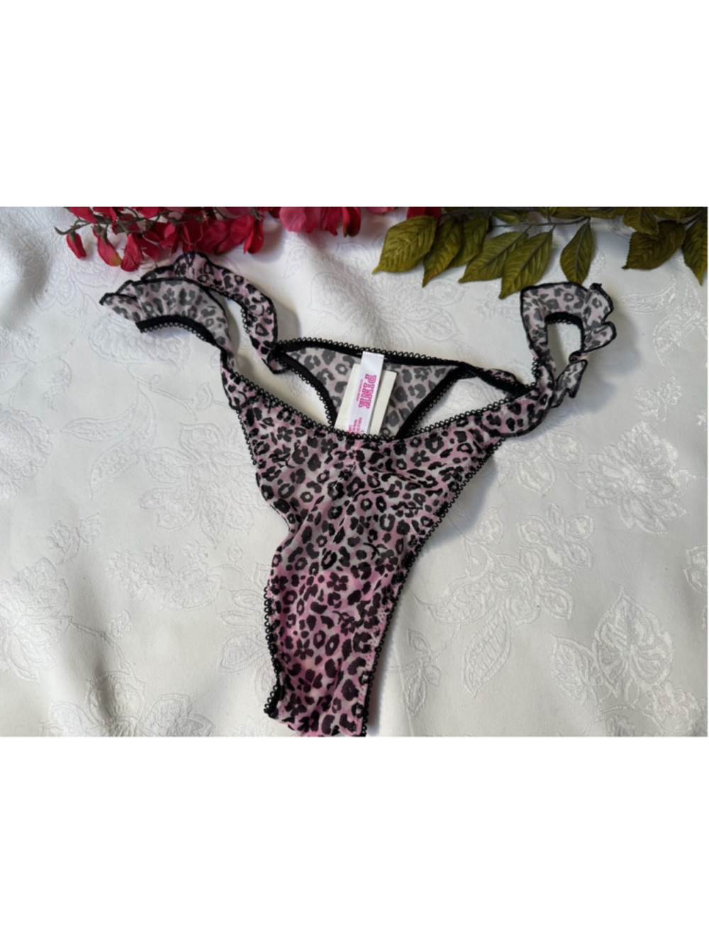 PINK VICTORIA'S SECRET L PINK BLACK ANIMAL PRINT RUFFLED STRING THONG PANTIES